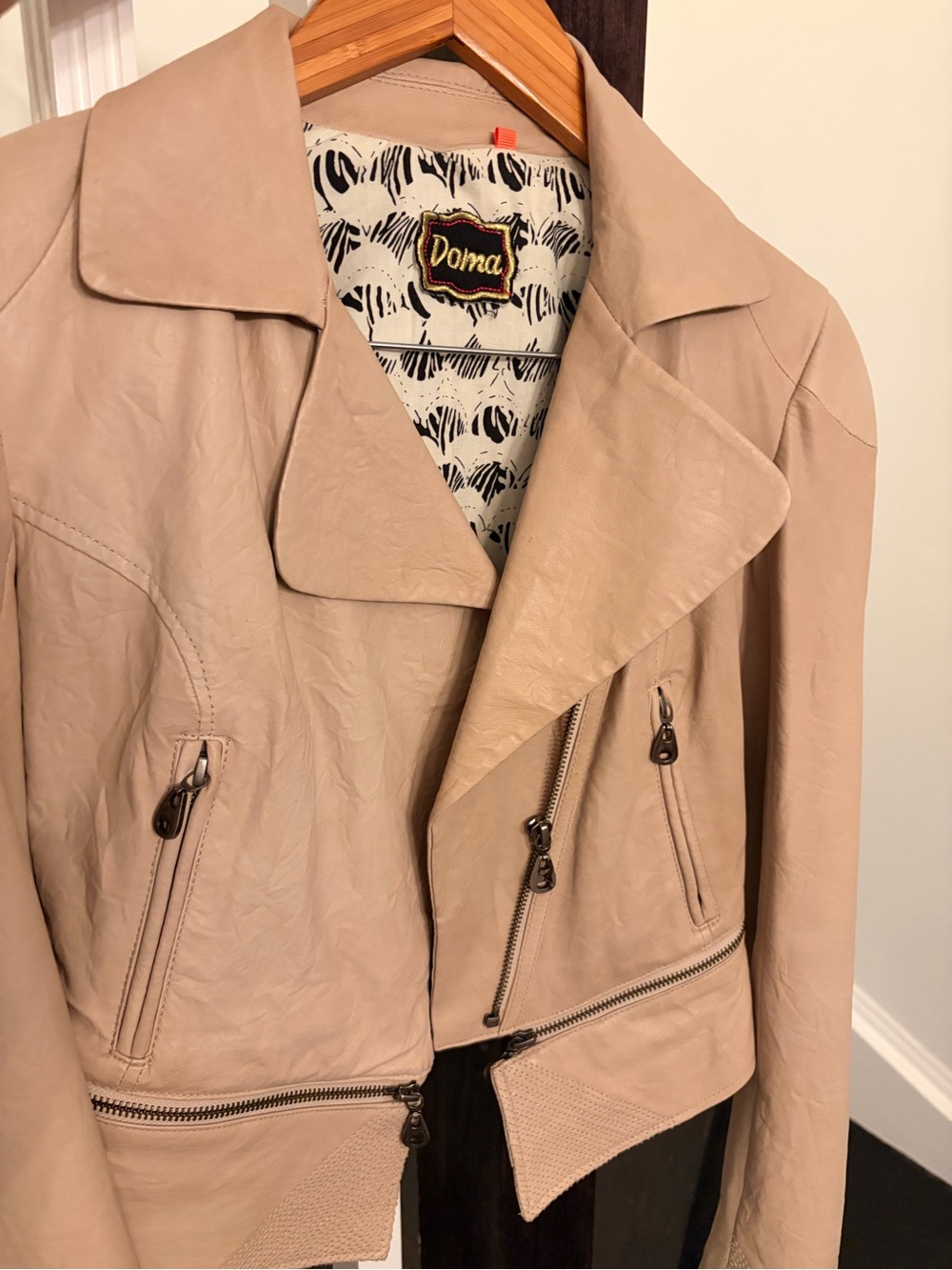 Doma Beige Leather Asymmetric Moto Jacket